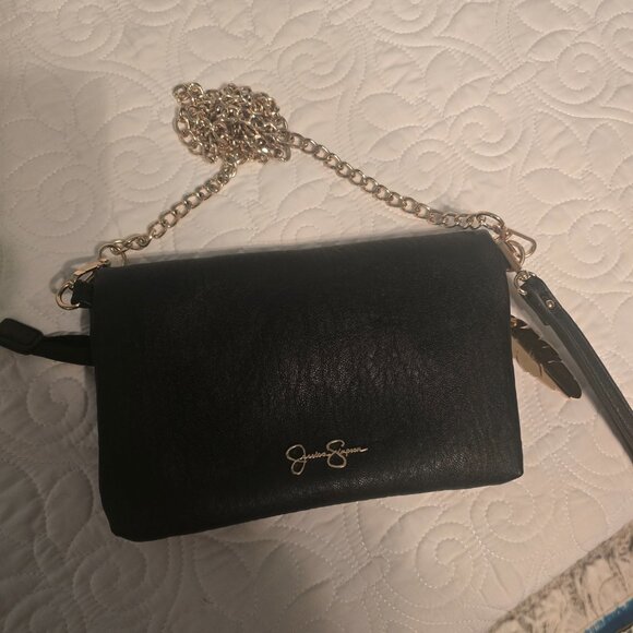 Jessica Simpson Black Faux Leather Crossbody Bag Gold Chain Leopard Lining EUC - Picture 8 of 9